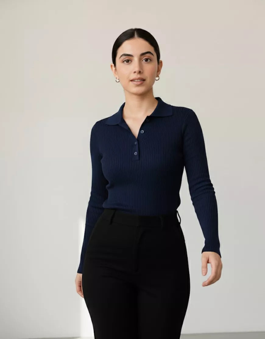 SGW Navy Blue V-Neck Knit Shirt Half Button - Full Sleeves