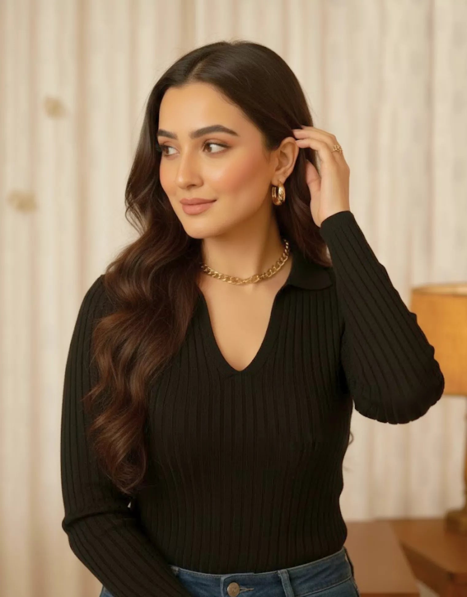 SWG Black Ribbed Knit Polo - Full Sleeves