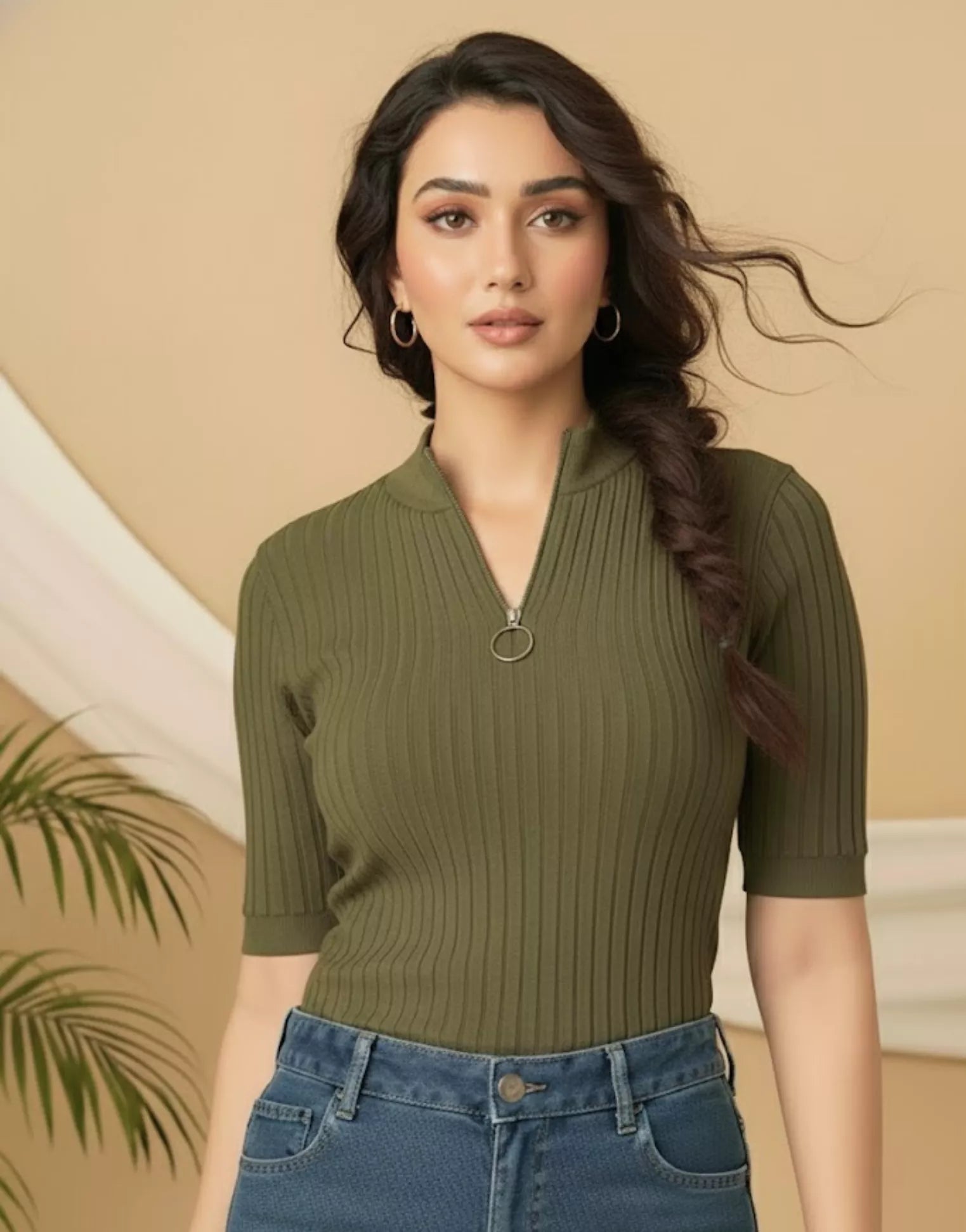 SGW Olive Green Mock Zip Knit Tee - Half Sleeves - SelectGraceWear
