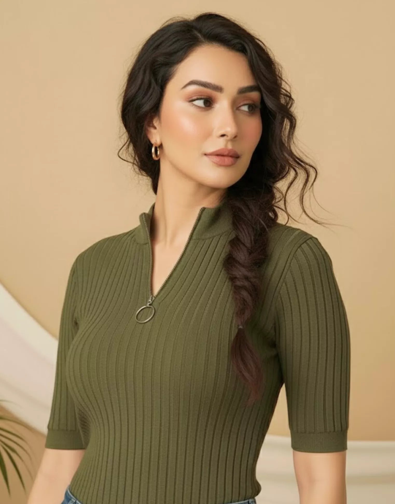 SGW Olive Green Mock Zip Knit Tee - Half Sleeves - SelectGraceWear