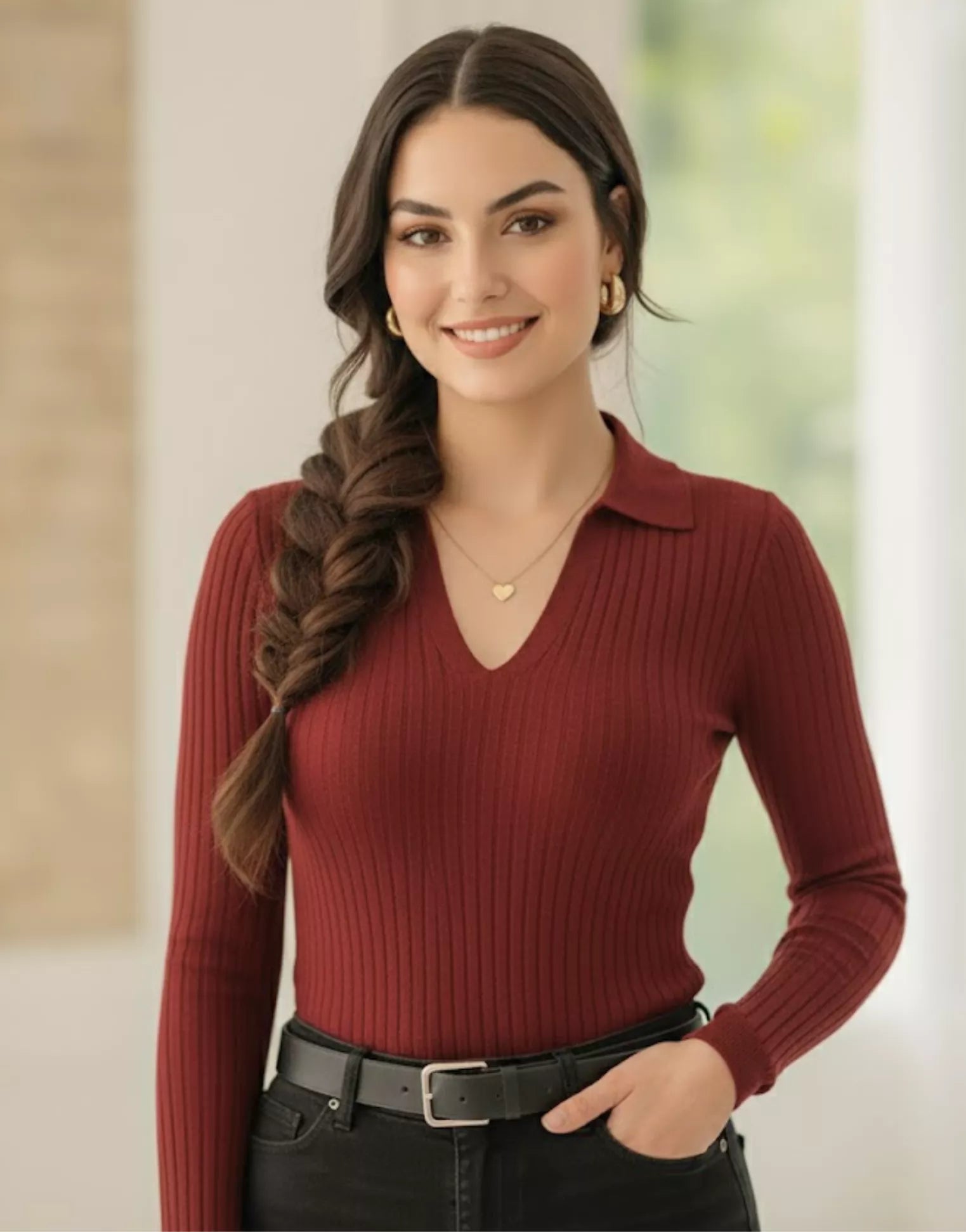 SWG Maroon Ribbed Knit Polo – Full Sleeves