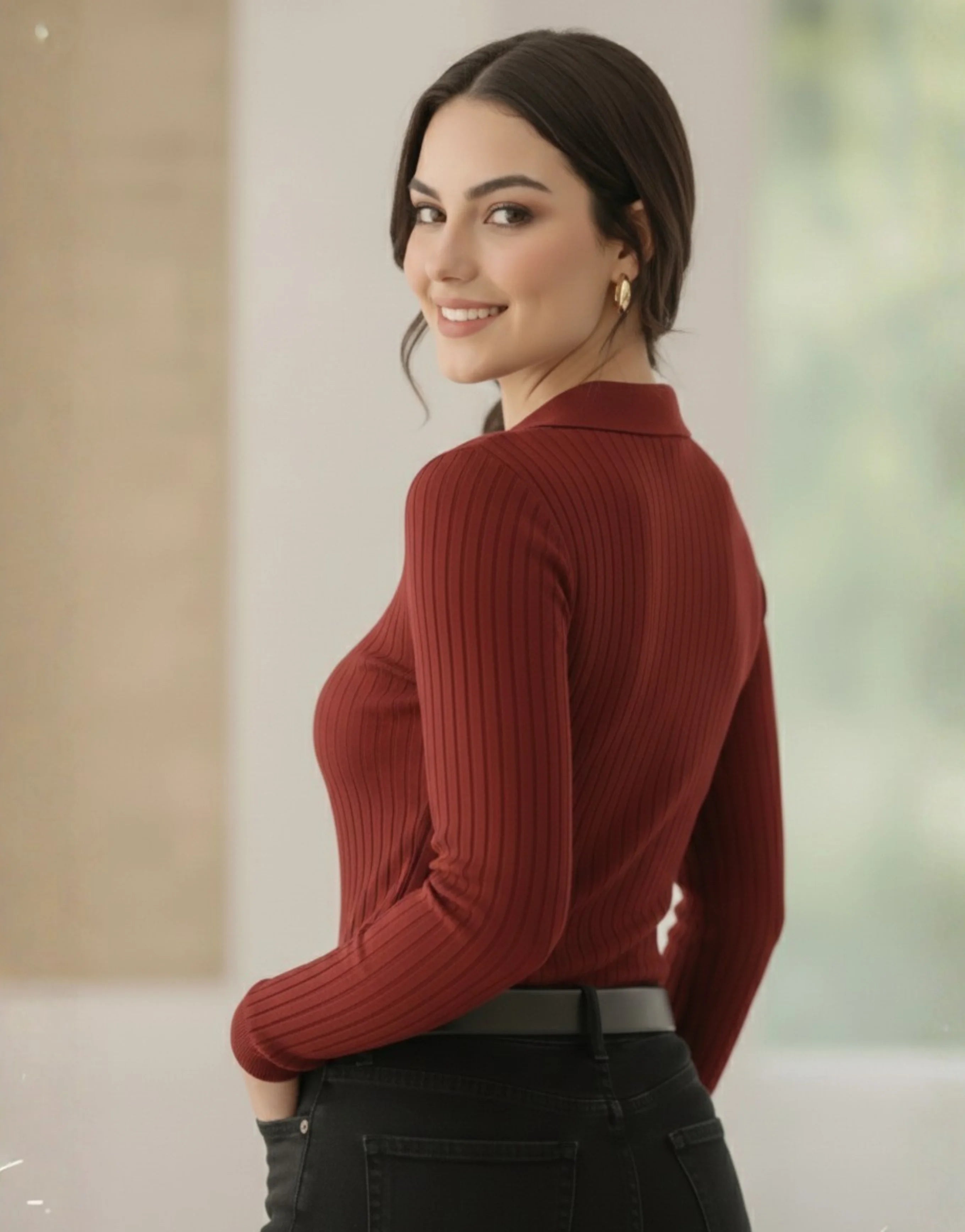 SWG Maroon Ribbed Knit Polo – Full Sleeves