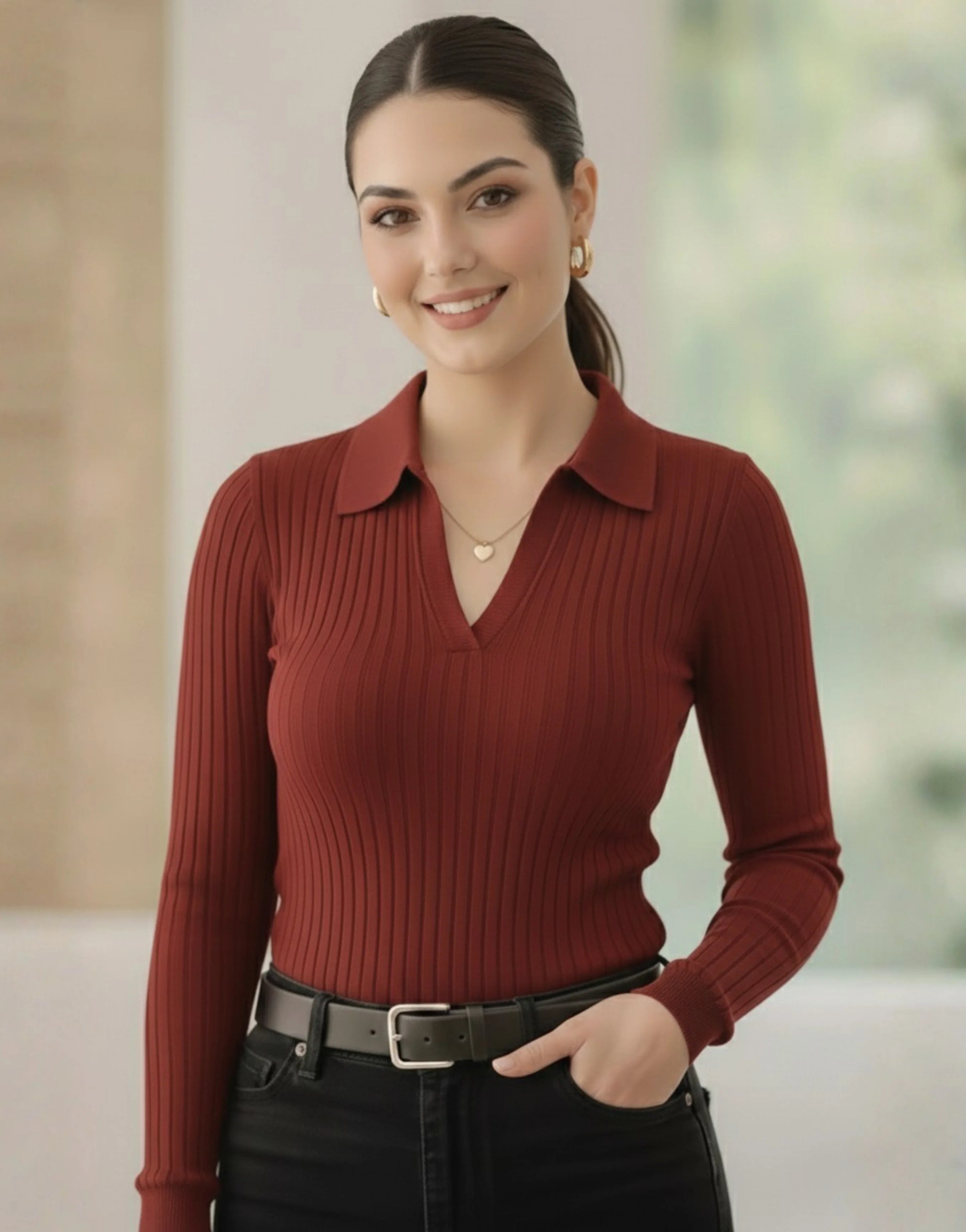 SWG Maroon Ribbed Knit Polo – Full Sleeves