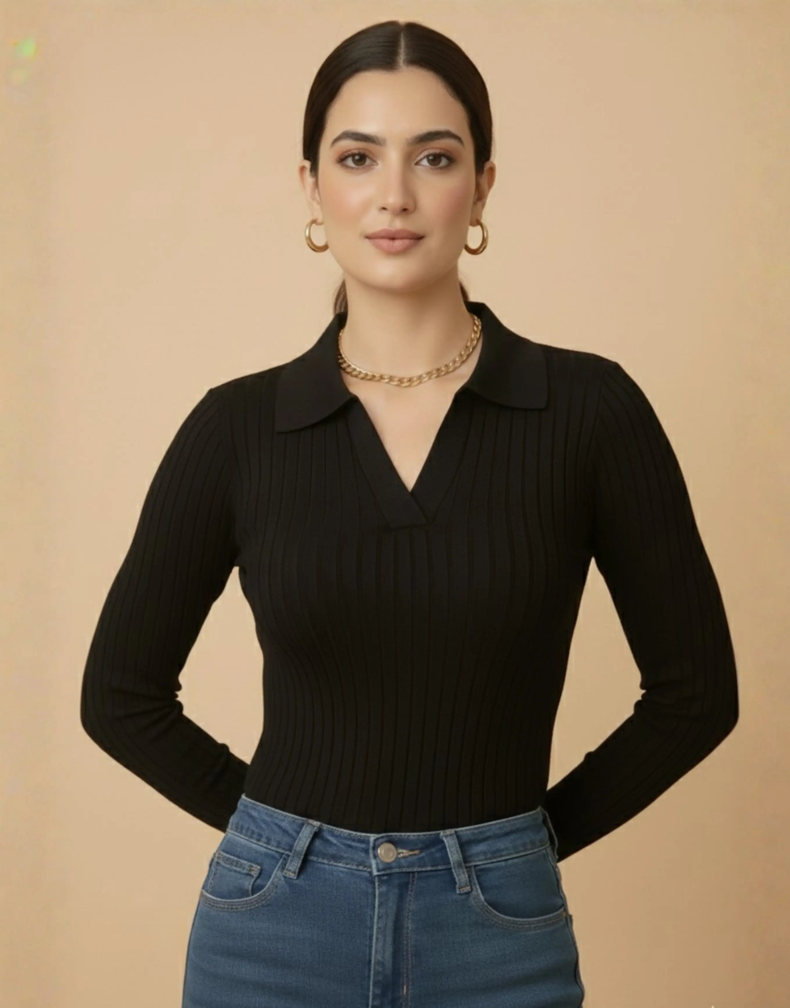 SWG Black Ribbed Knit Polo - Full Sleeves