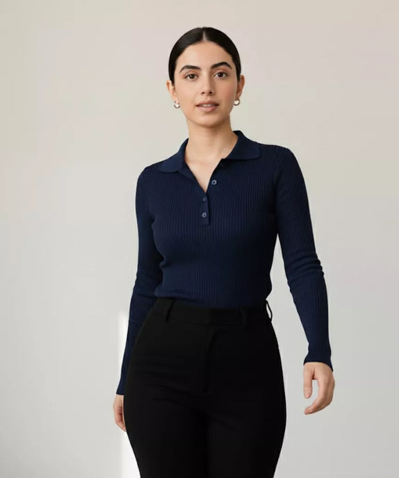 SGW Navy Blue V-Neck Knit Shirt Half Button - Full Sleeves