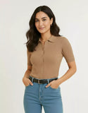 SGW Beige Front Full Button Rib Knit Tee - Half Sleeves