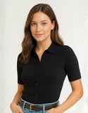 SGW Black Front Full Button Rib Knit Tee - Half Sleeves