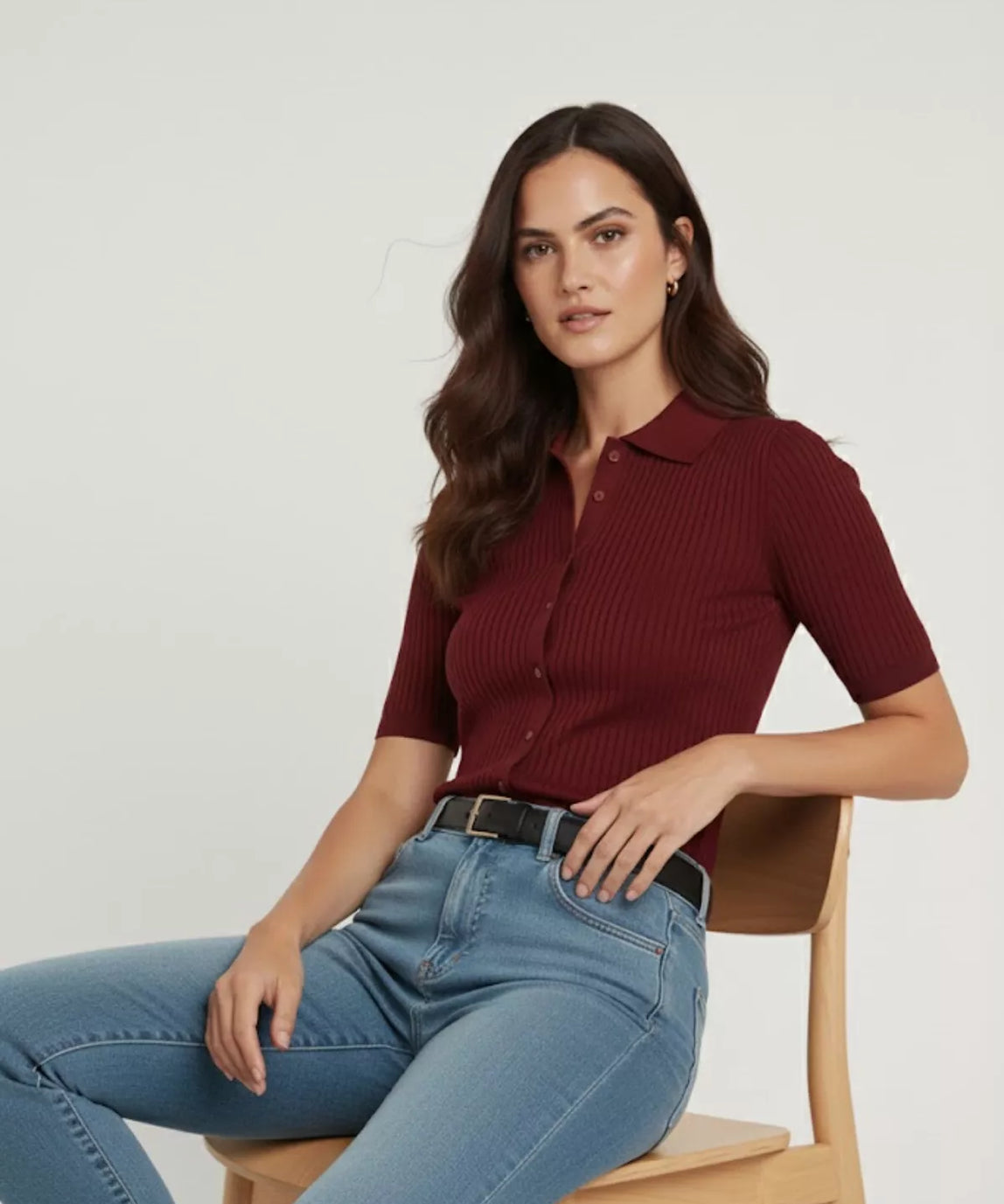 SGW Maroon Front Full Button Rib Knit Tee - Half Sleeves