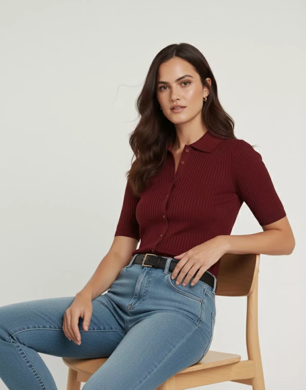 SGW Maroon Front Full Button Rib Knit Tee - Half Sleeves