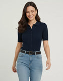 SGW Navy Blue Front Full Button Rib Knit Tee - Half Sleeves