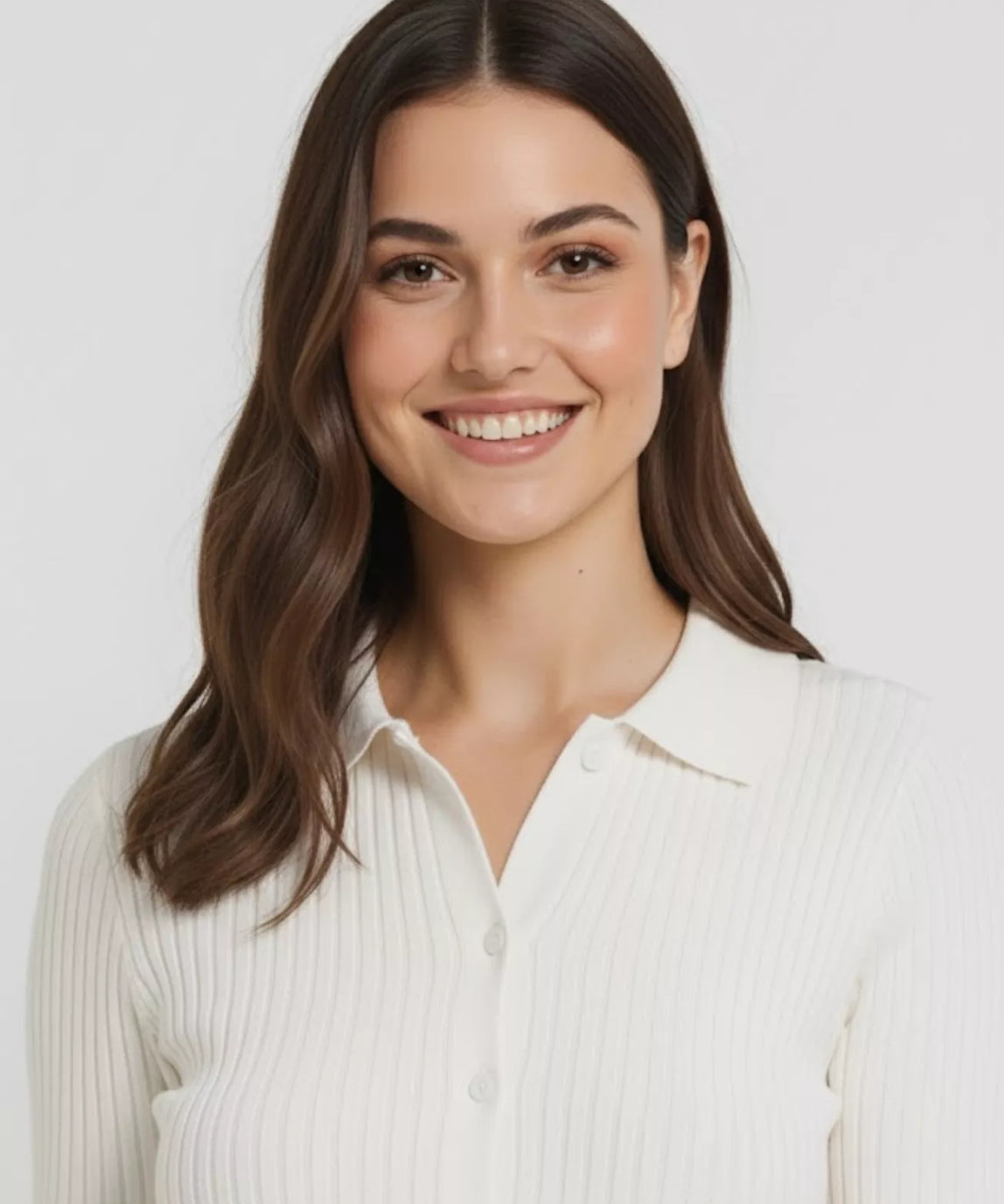 SGW Pure White Front Full Button Rib Knit Tee - Half Sleeves