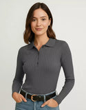 SGW Steel Grey V-Neck Knit Shirt Half Button - Full Sleeves