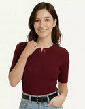 SGW Maroon Round Neck Button-Front Top - Half Sleeves