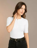 SGW White Round Neck Button-Front Top - Half Sleeves
