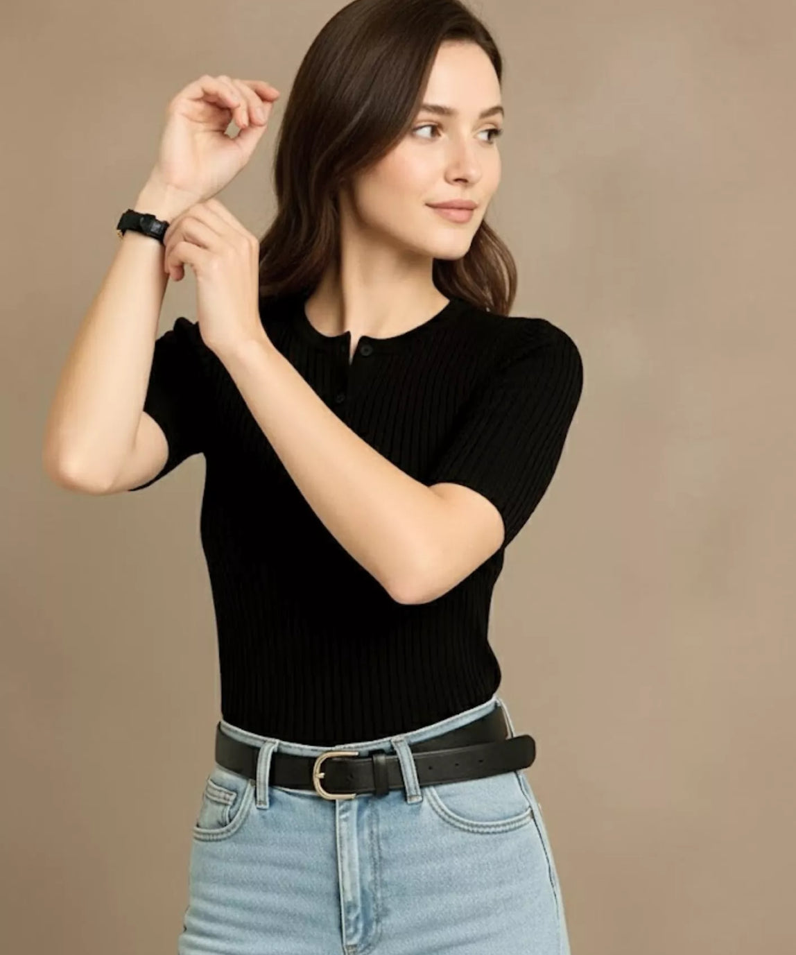 SGW Black Round Neck Button-Front Top - Half Sleeves
