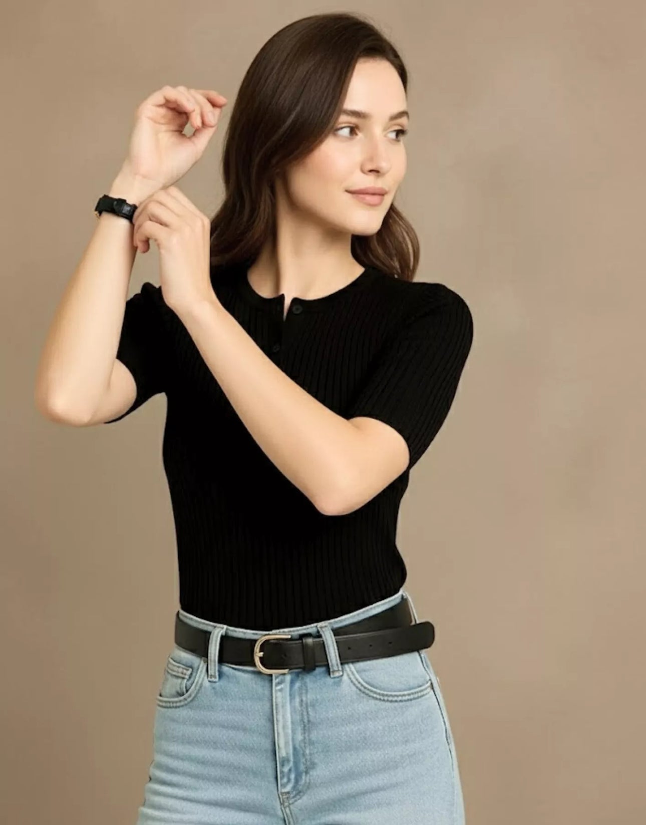 SGW Black Round Neck Button-Front Top - Half Sleeves