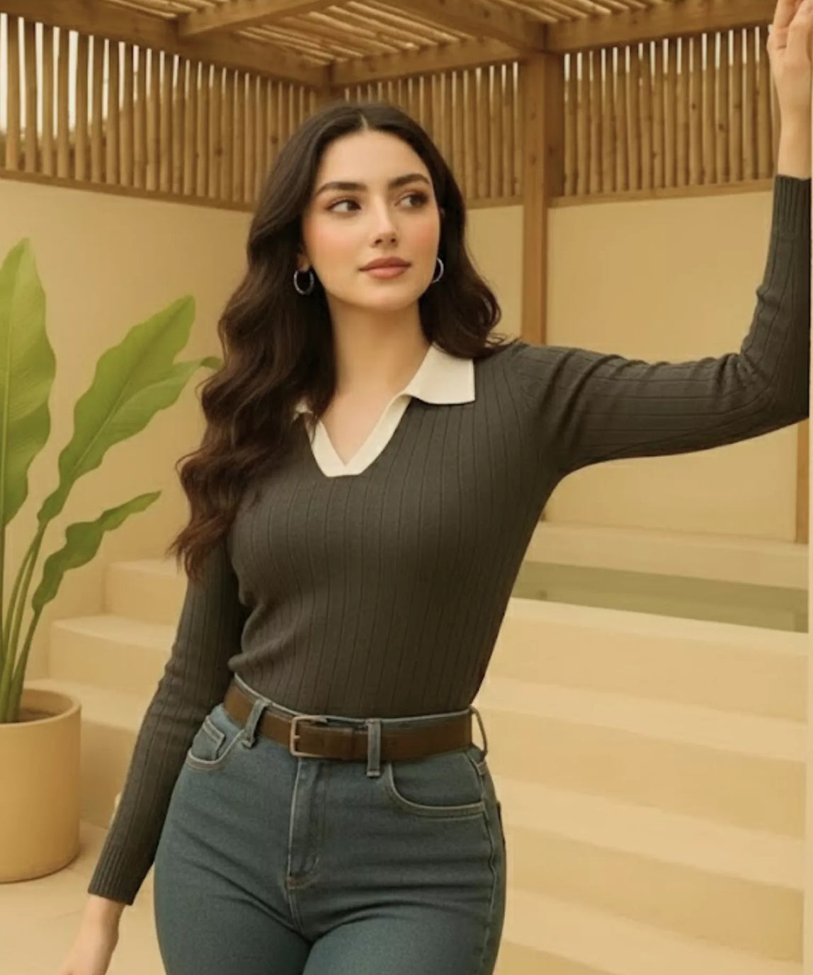 SGW - Charcoal Ribbed Knit Polo - White Contrast Collar Full Sleeves