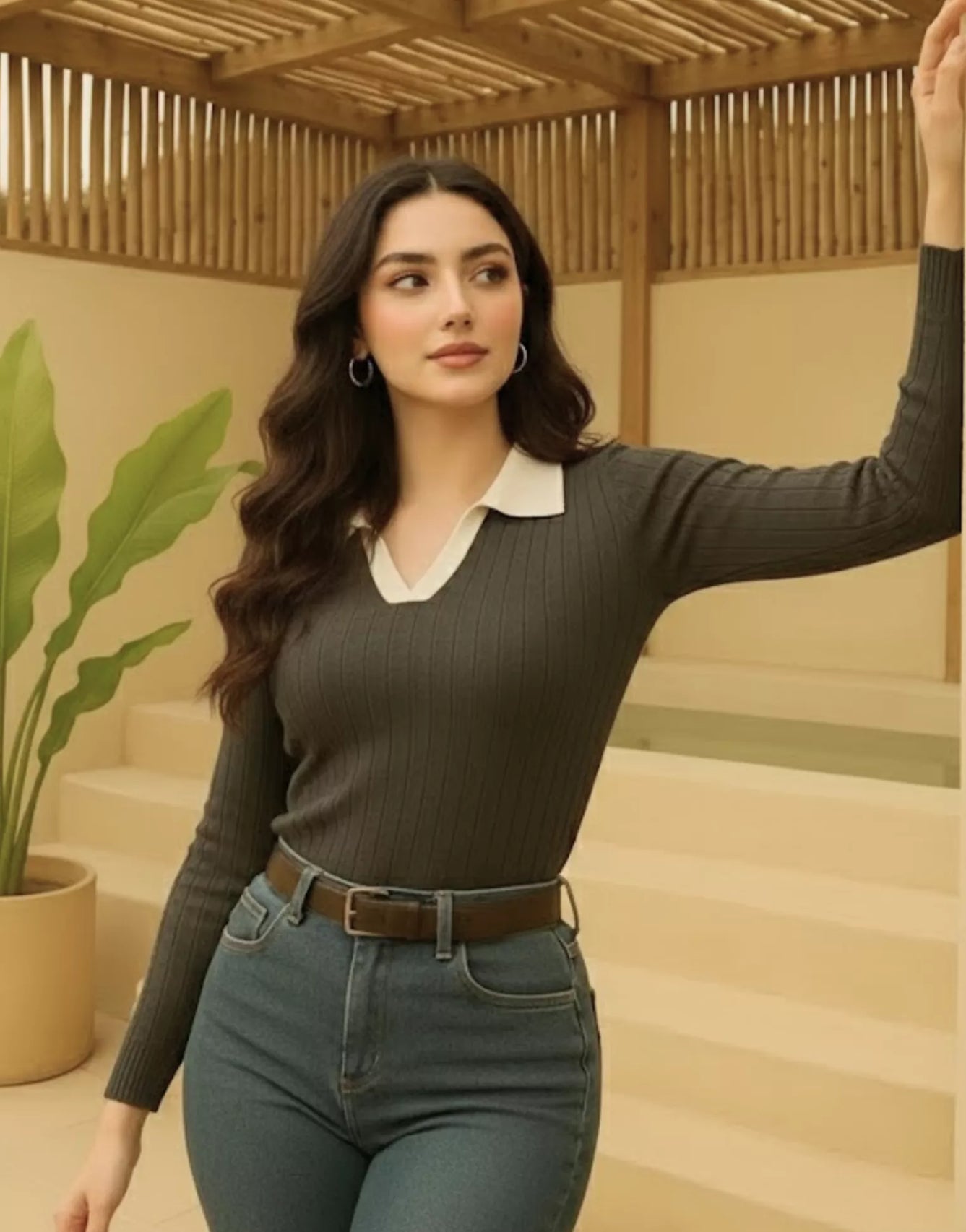 SGW - Charcoal Ribbed Knit Polo - White Contrast Collar Full Sleeves