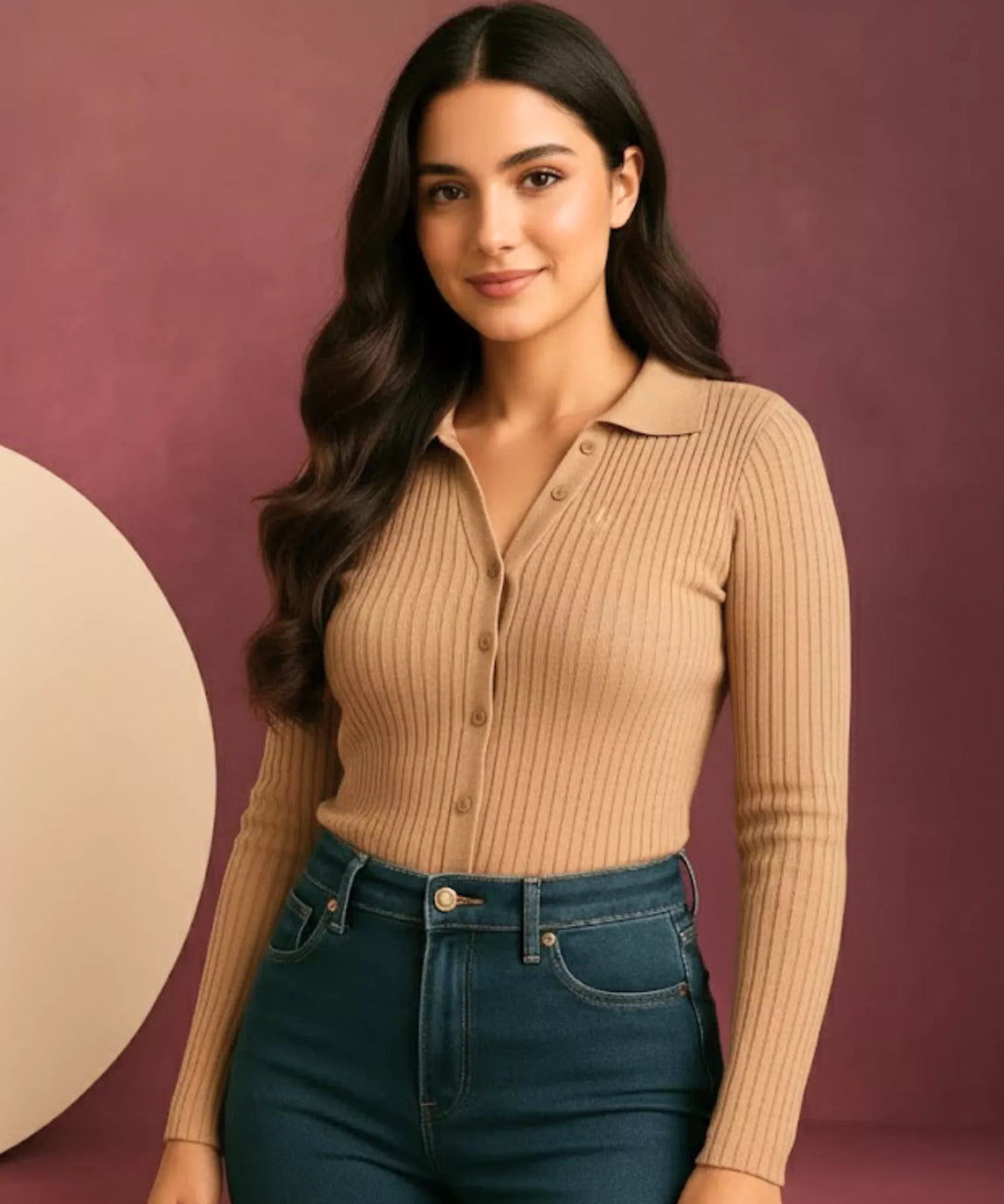 SGW Beige V-Neck Knit Shirt Full Button - Full Sleeves