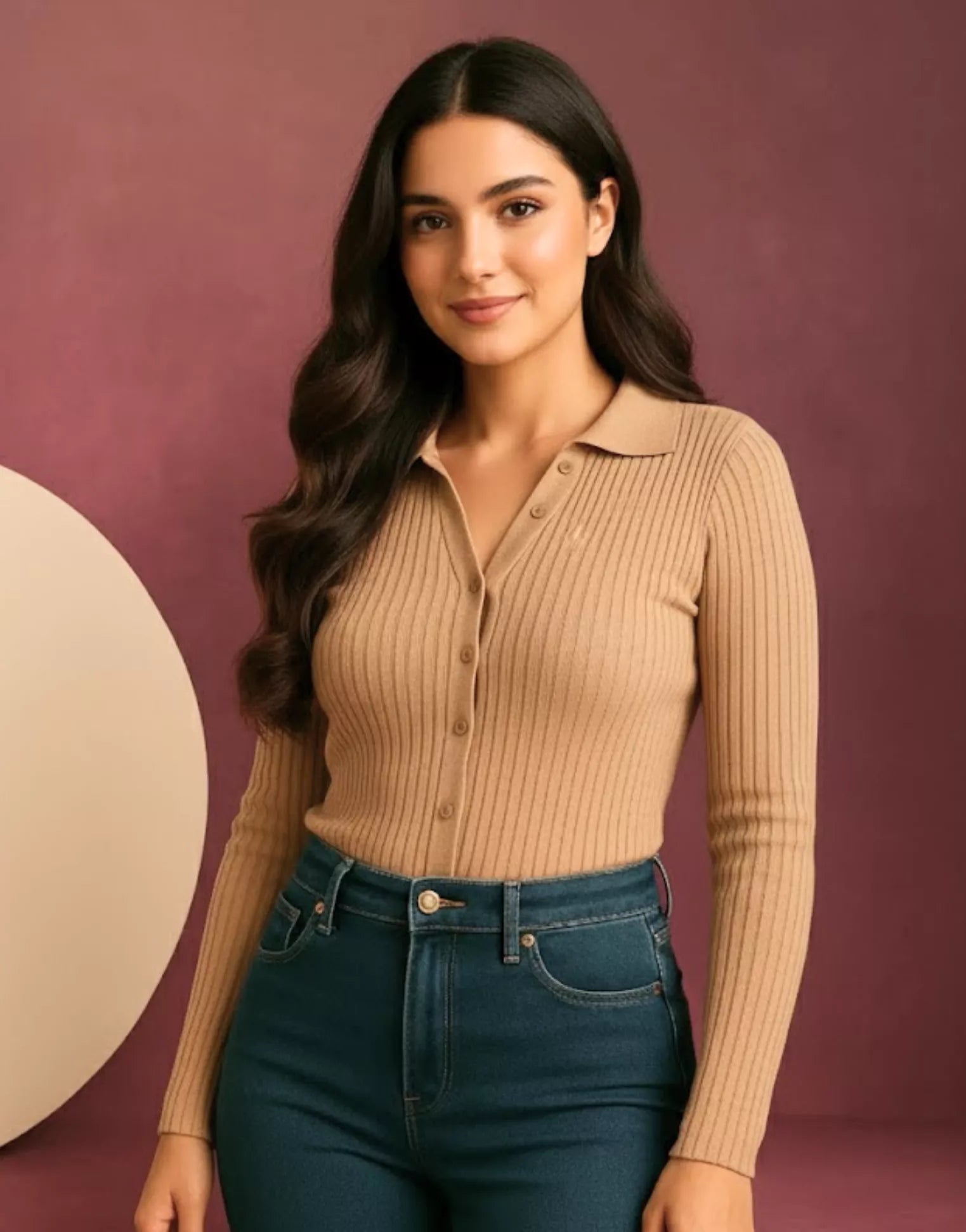 SGW Beige V-Neck Knit Shirt Full Button - Full Sleeves