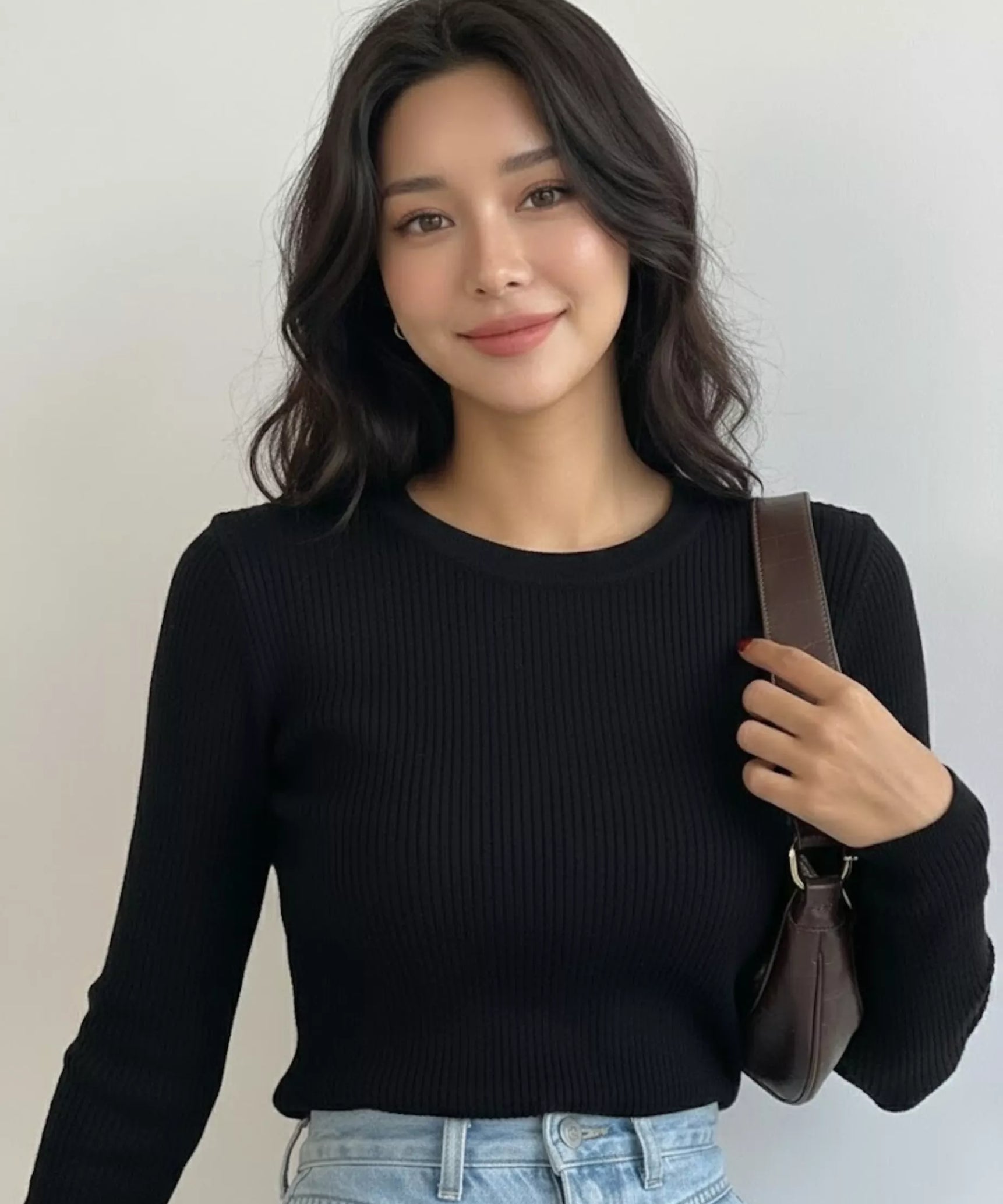 Classic Black Ribbed Crew Neck Top - Full Sleeves - SelectGraceWear