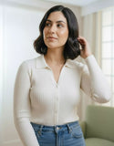 SGW White V-Neck Knit Shirt Full Button - Full Sleeves