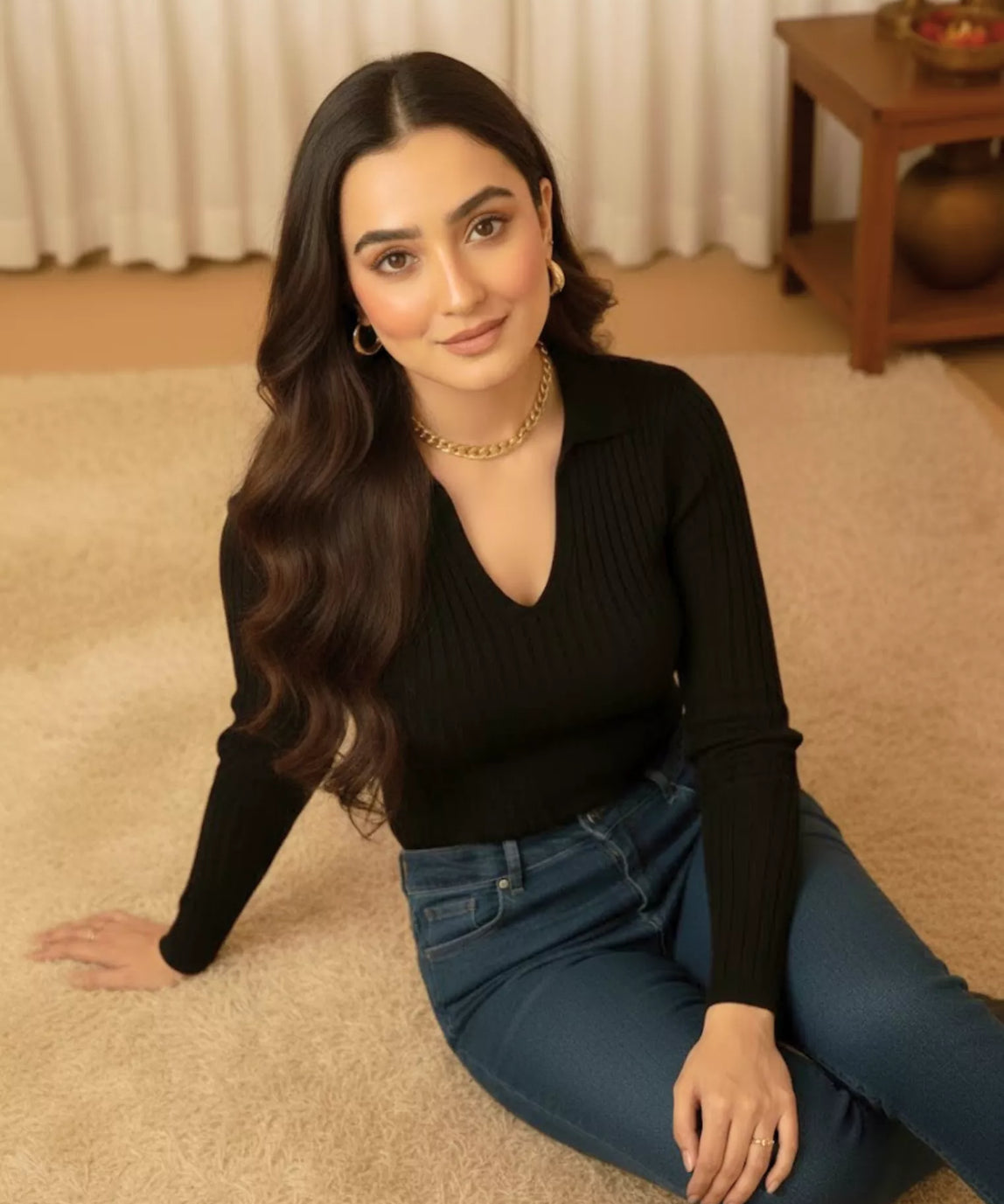 SWG Black Ribbed Knit Polo - Full Sleeves