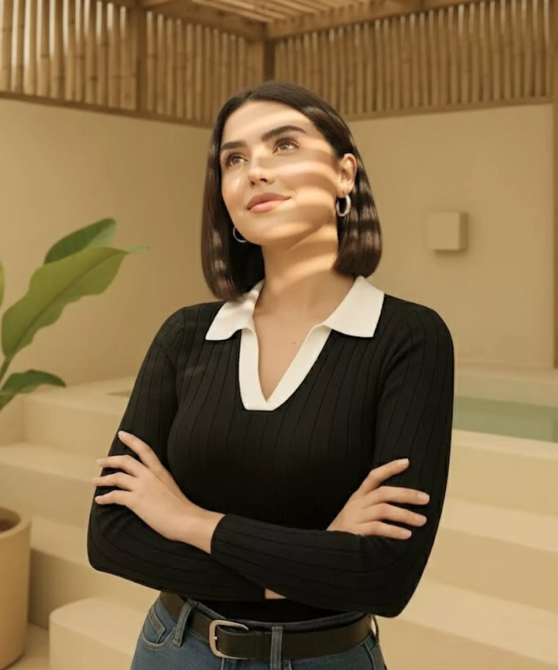 SGW - Black Ribbed Knit Polo - White Contrast Collar Full Sleeves