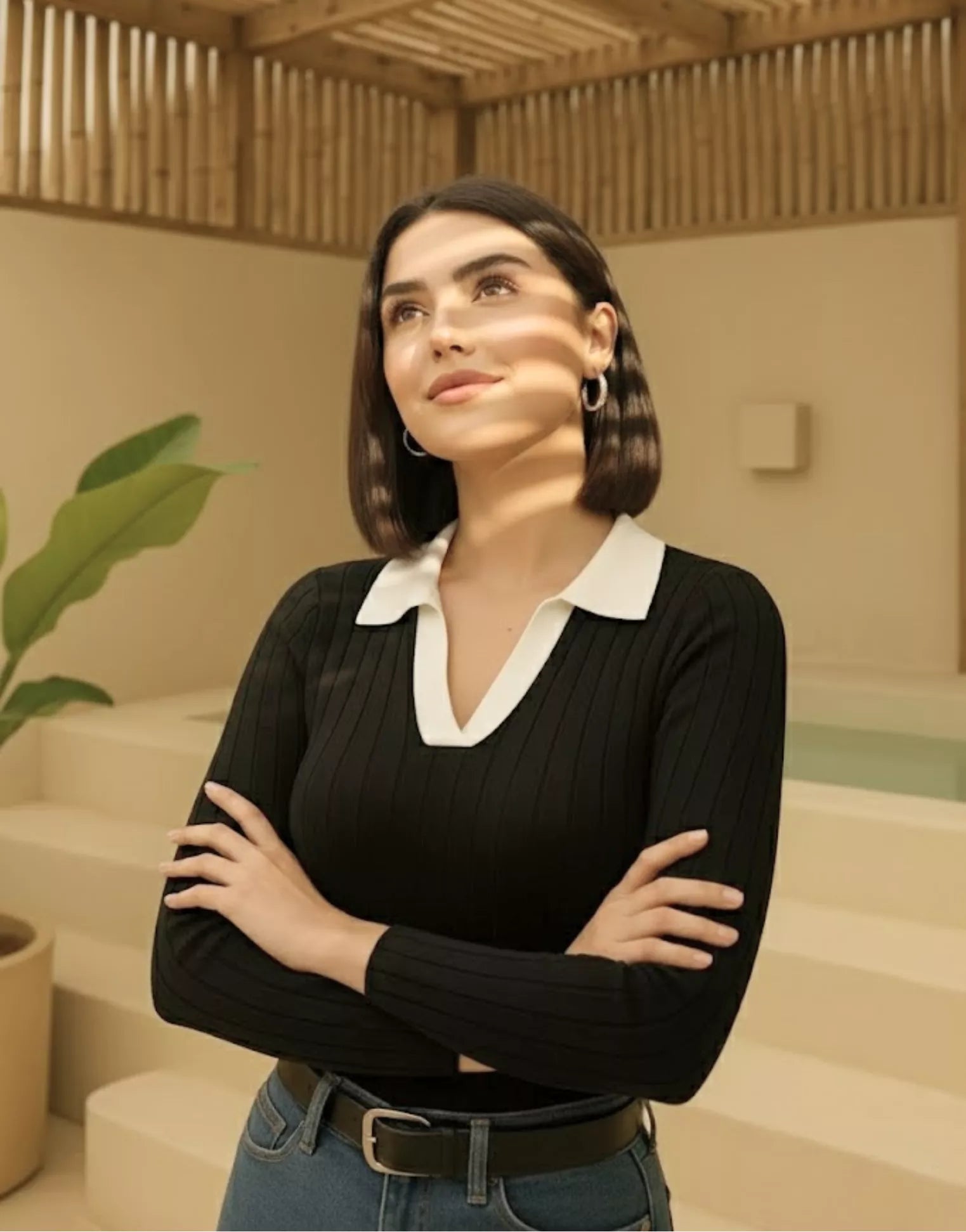 SGW - Black Ribbed Knit Polo - White Contrast Collar Full Sleeves