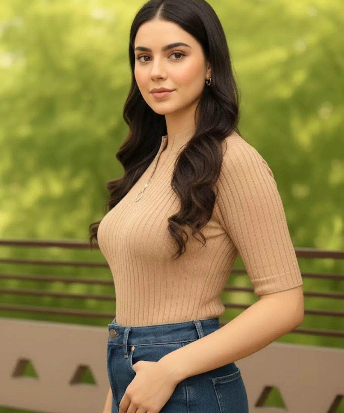 SGW Beige Mock Zip Knit Tee - Half Sleeves