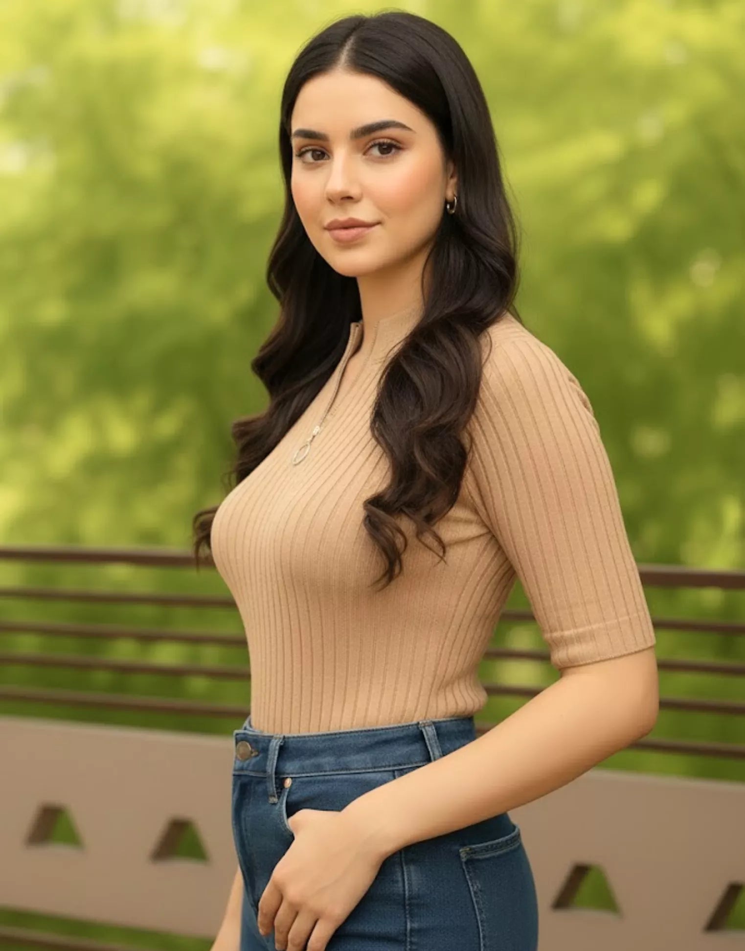 SGW Beige Mock Zip Knit Tee - Half Sleeves