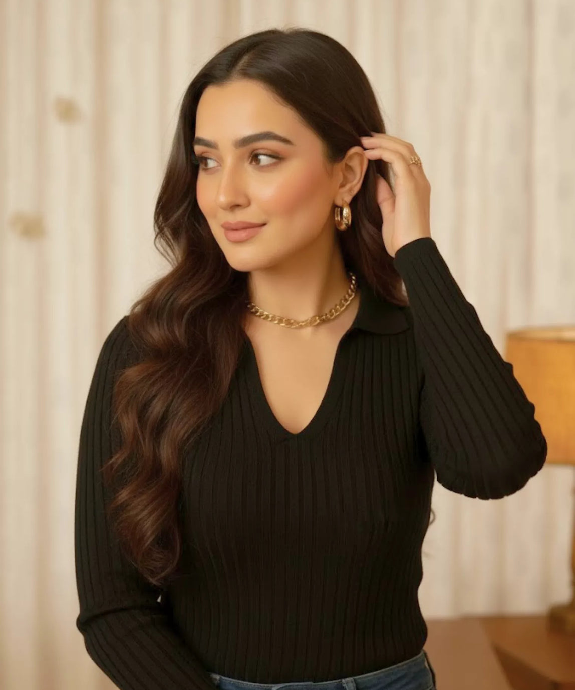 SWG Black Ribbed Knit Polo - Full Sleeves