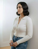 SGW White V-Neck Knit Shirt Full Button - Full Sleeves