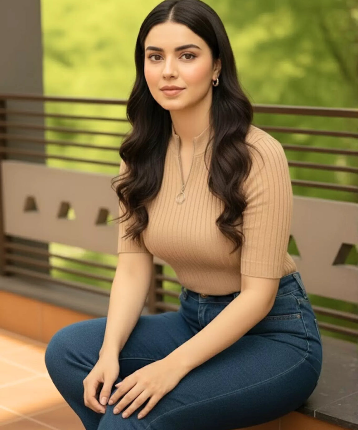 SGW Beige Mock Zip Knit Tee - Half Sleeves