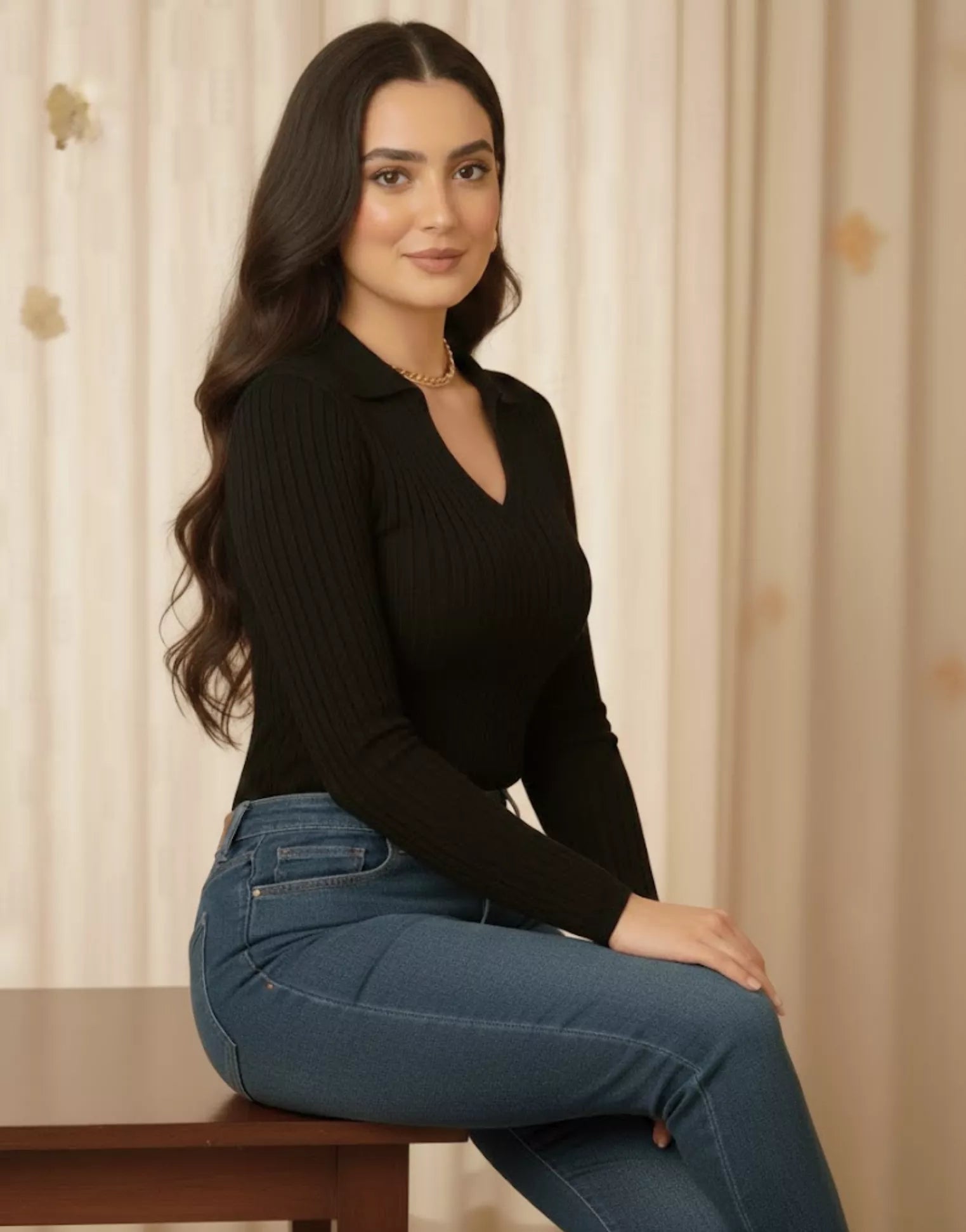 SWG Black Ribbed Knit Polo - Full Sleeves