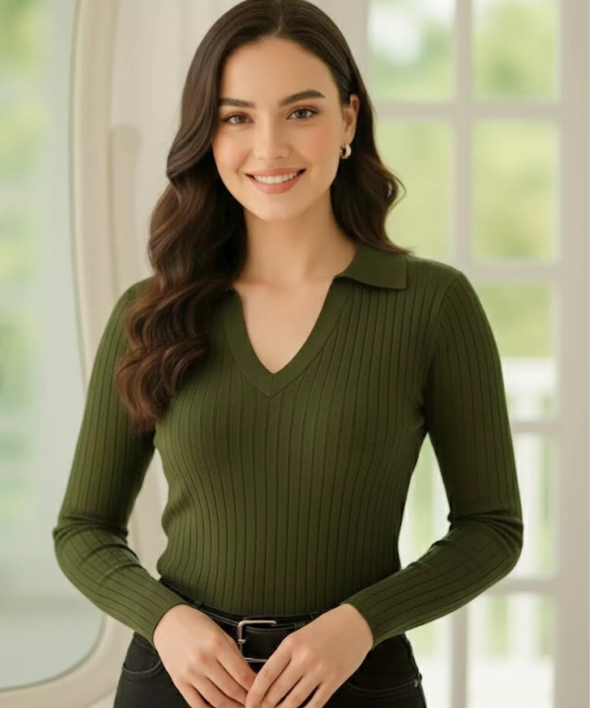 SWG Olive Green Ribbed Knit Polo - Full Sleeves