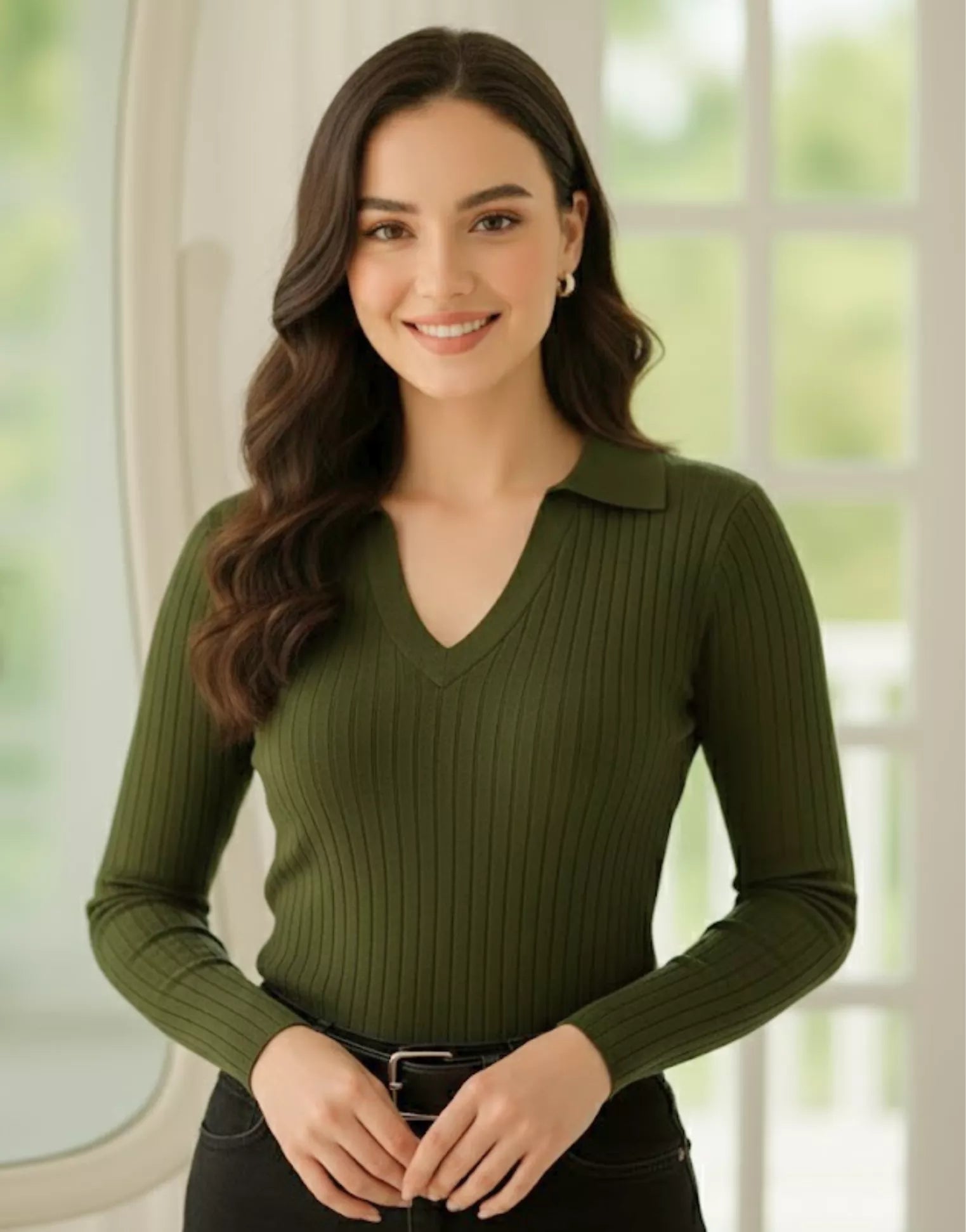 SWG Olive Green Ribbed Knit Polo - Full Sleeves