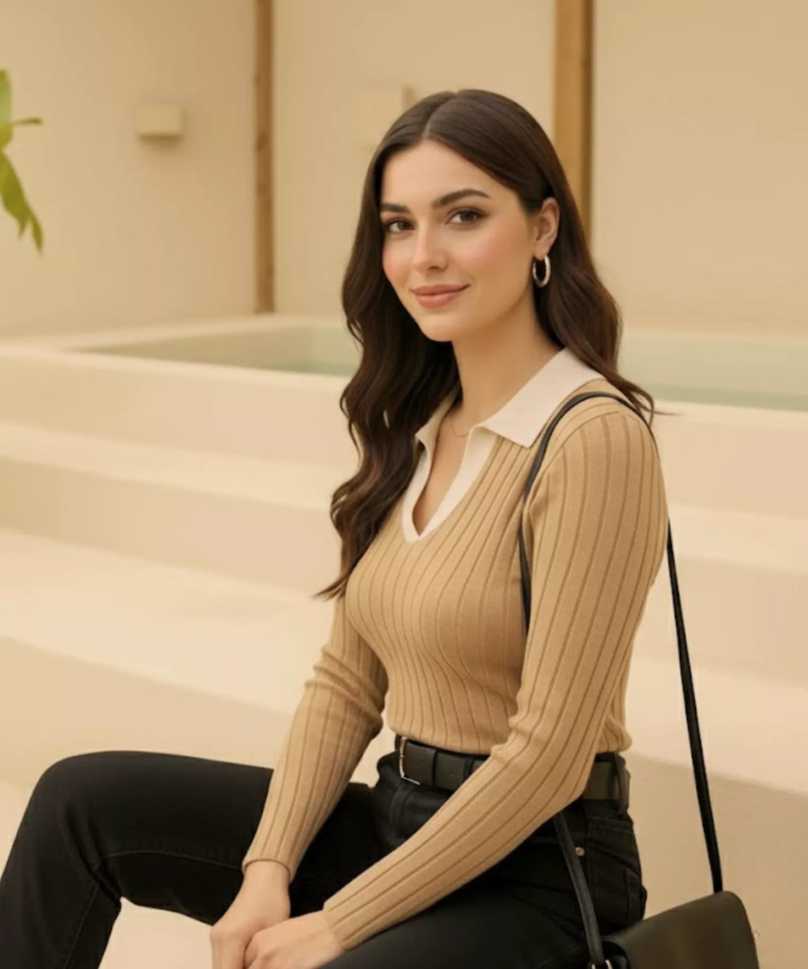 SGW - Beige Ribbed Knit Polo - White Contrast Collar Full Sleeves