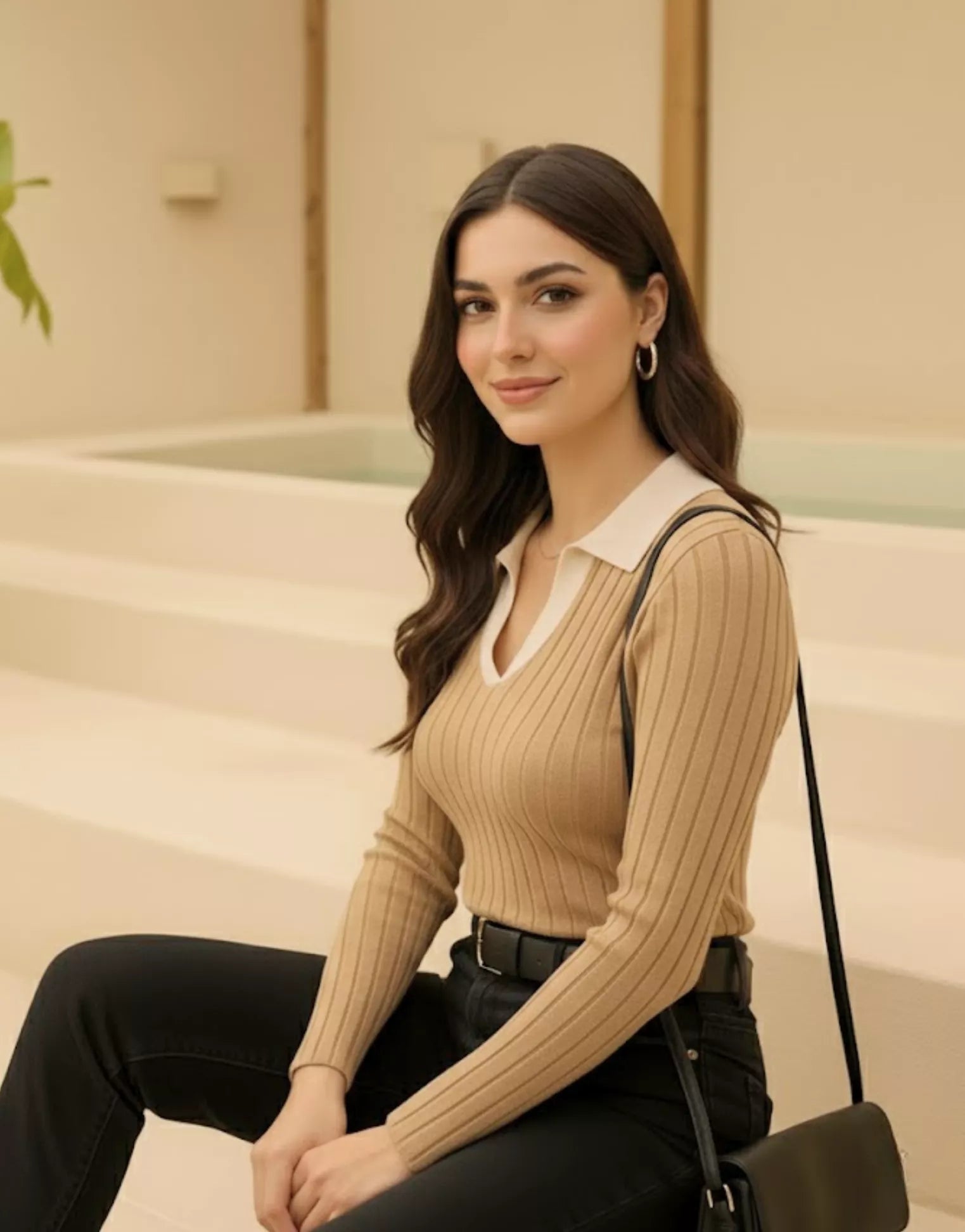 SGW - Beige Ribbed Knit Polo - White Contrast Collar Full Sleeves