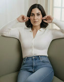 SGW White V-Neck Knit Shirt Full Button - Full Sleeves