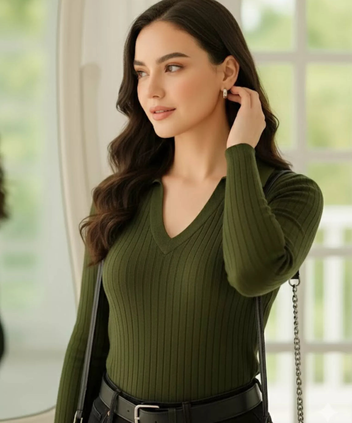 SWG Olive Green Ribbed Knit Polo - Full Sleeves
