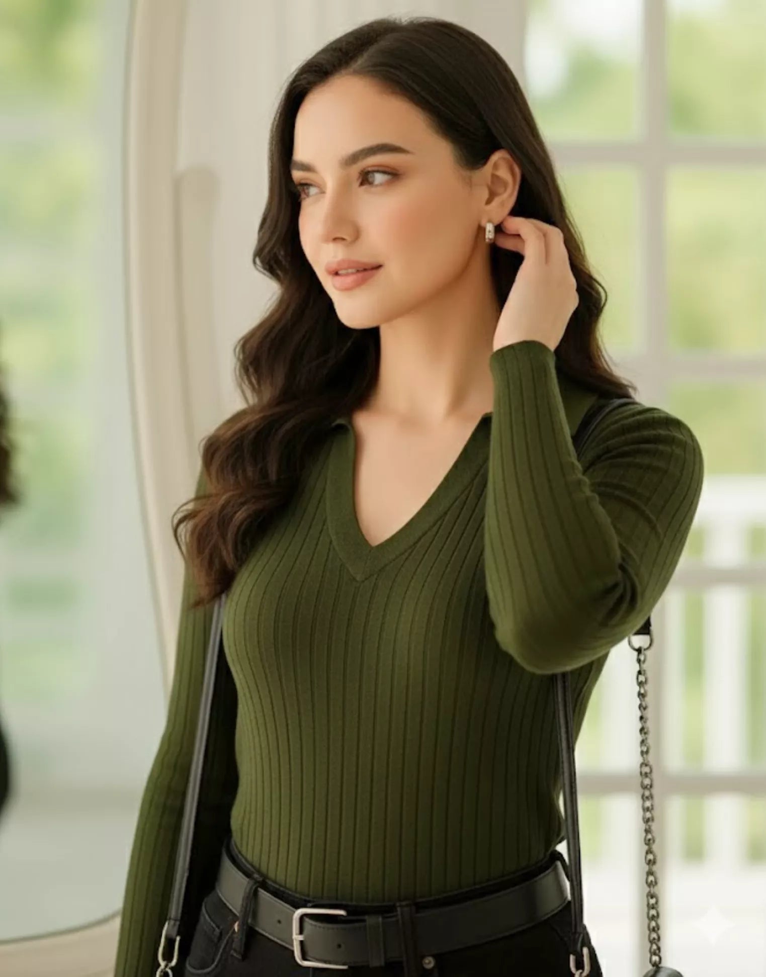 SWG Olive Green Ribbed Knit Polo - Full Sleeves