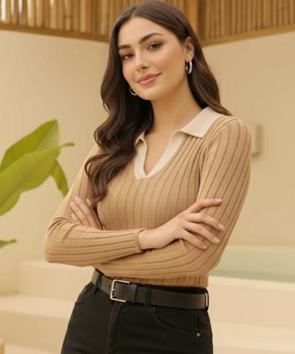 SGW - Beige Ribbed Knit Polo - White Contrast Collar Full Sleeves