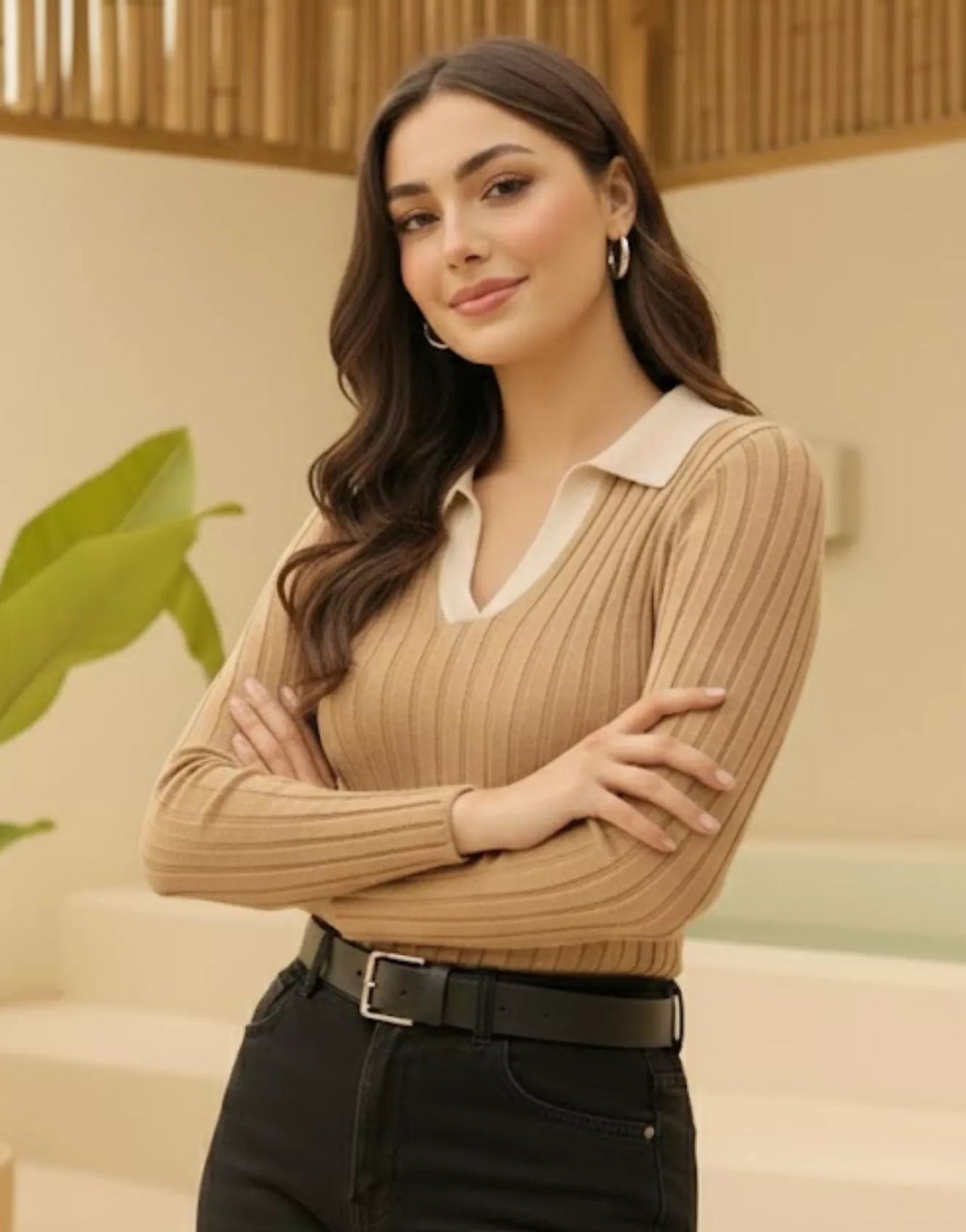 SGW - Beige Ribbed Knit Polo - White Contrast Collar Full Sleeves