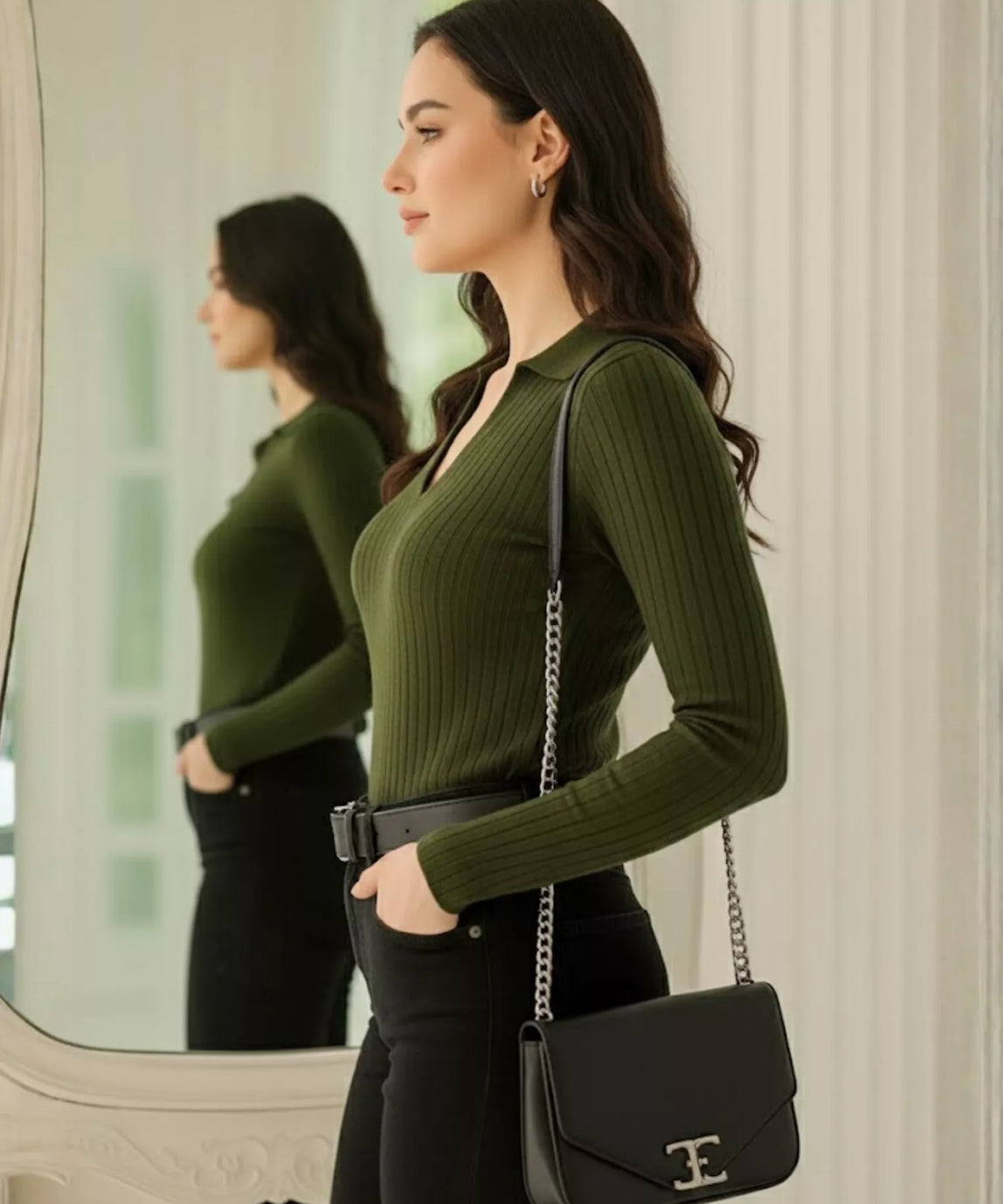 SWG Olive Green Ribbed Knit Polo - Full Sleeves