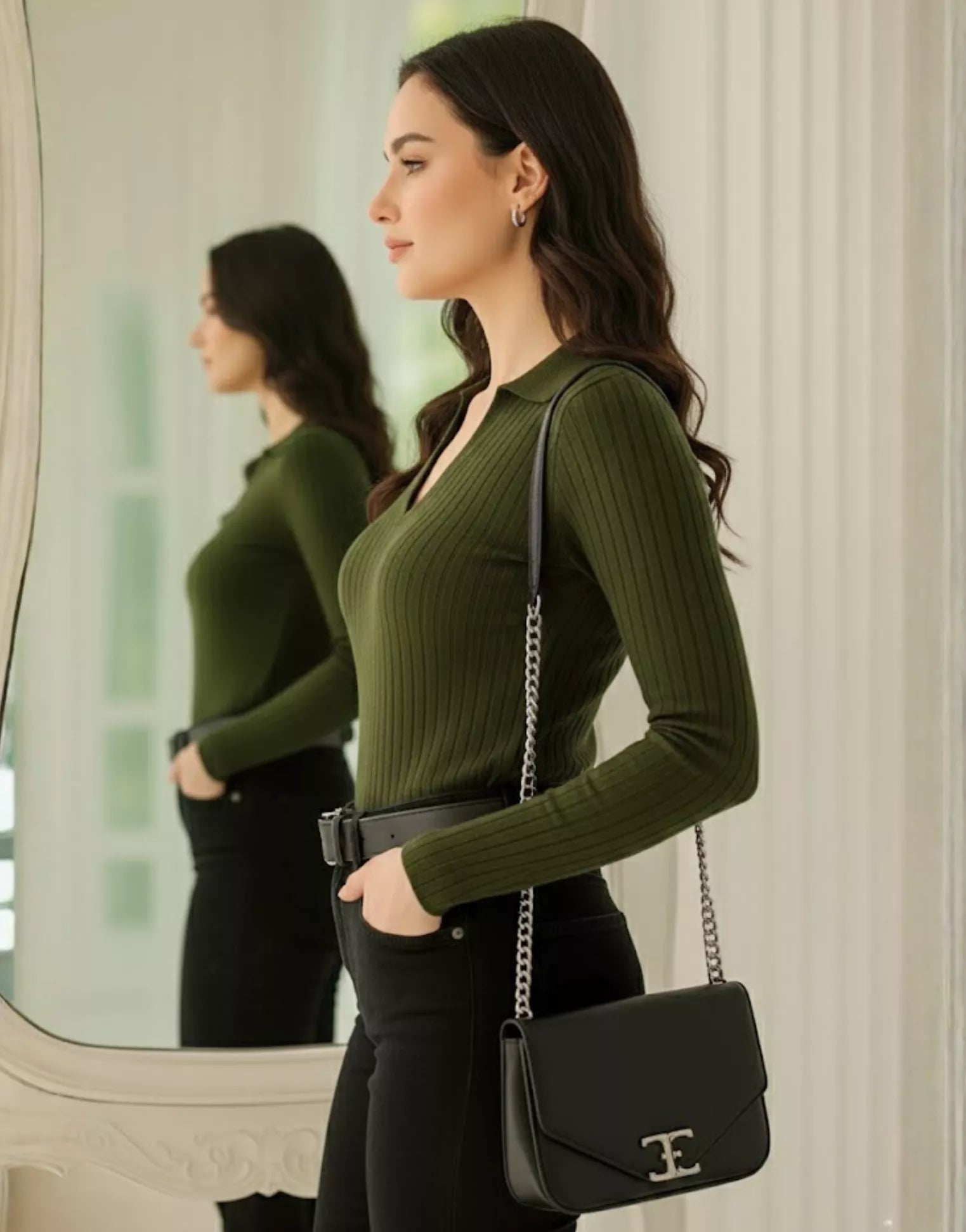 SWG Olive Green Ribbed Knit Polo - Full Sleeves