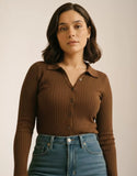 SGW Dark Brown V-Neck Knit Shirt Full Button - Full Sleeves