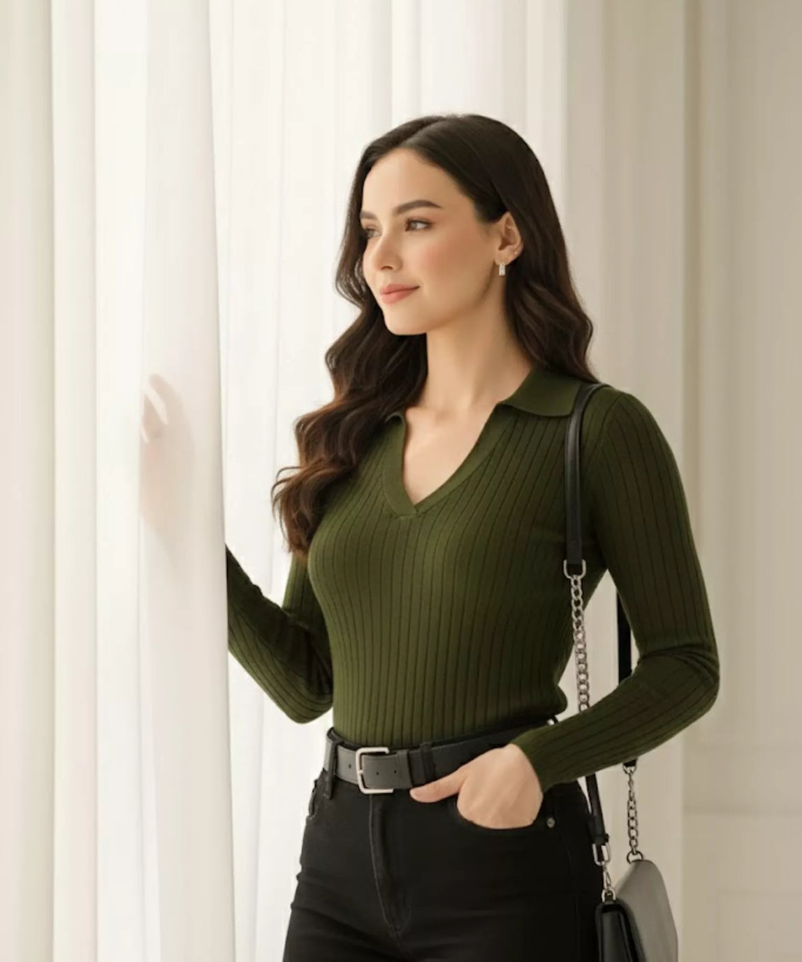 SWG Olive Green Ribbed Knit Polo - Full Sleeves