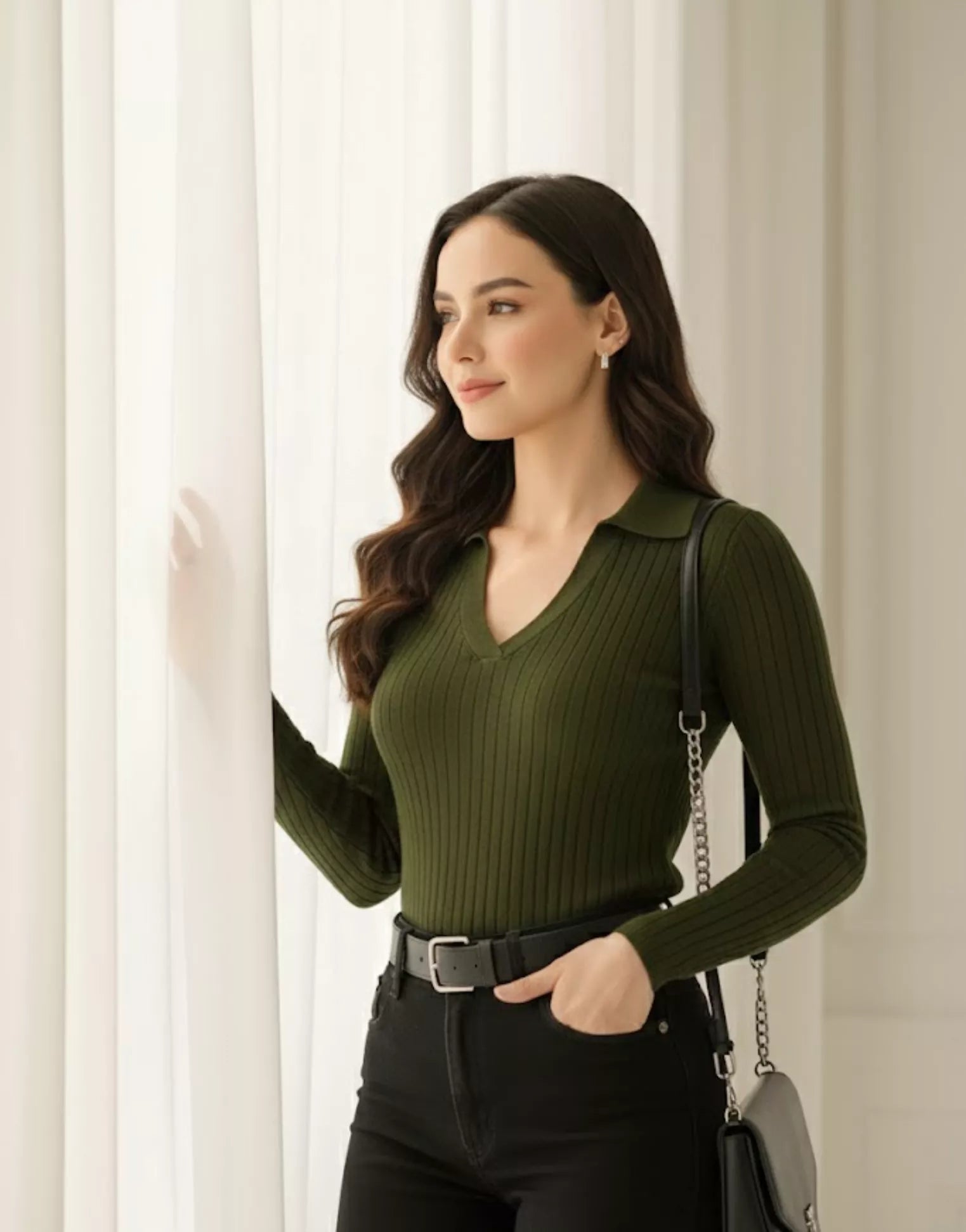 SWG Olive Green Ribbed Knit Polo - Full Sleeves