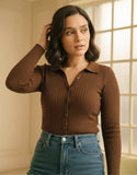 SGW Dark Brown V-Neck Knit Shirt Full Button - Full Sleeves